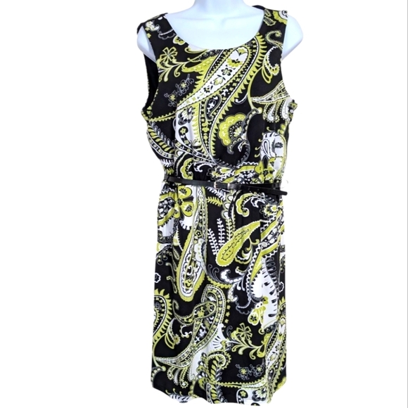 Maurices Black Chartreuse Paisley Sleeveless Belted Dress Size Medium - Picture 1 of 6